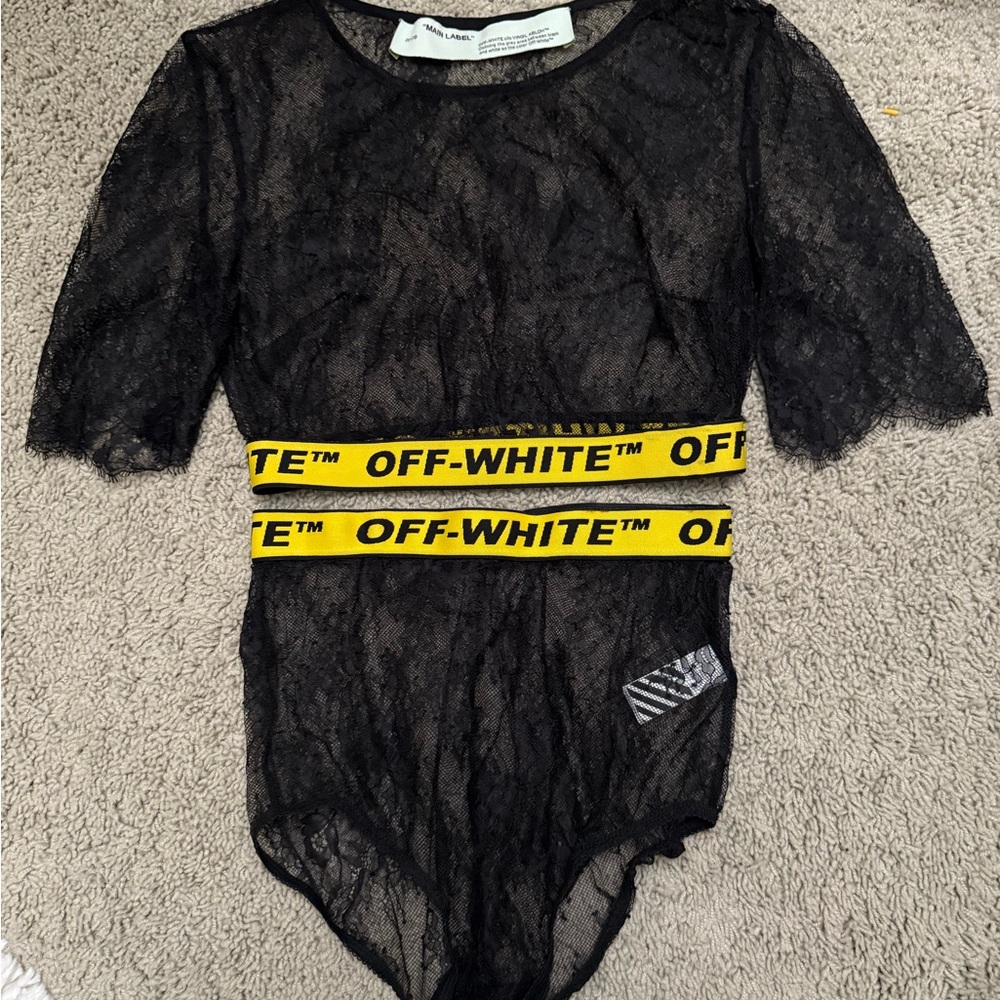 Off-White Black Lace Bodysuit with Yellow Belt